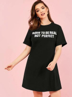 Women Plus Size Slogan Graphic Rolled Cuff Sleeve Dress