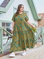 Women Plus Size Floral Print Ruffle Hem Smock Dress