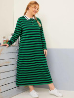 Women Plus Size Striped Polo Neck Tee Dress