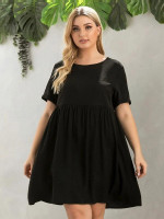 Women Plus Size Solid Roll Up Sleeve Smock Dress