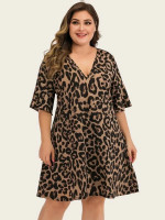 Women Plus Size V-neck Leopard Print Tunic Dress