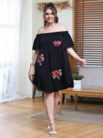 Women Plus Flower Embroidery Off Shoulder Dress