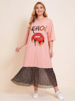 Women Plus Size Contrast Sequin Mesh Hem Letter & Mouth Print Dress