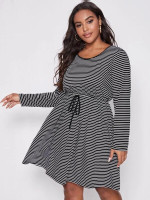 Women Plus Size Striped Print Drawstring Waist Dress