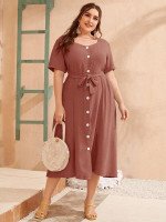 Women Plus Size Sweetheart Neck Button Front Belted Dress