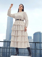 Women Plus Size Polka Dot Print Layered Hem Dress Without Belt