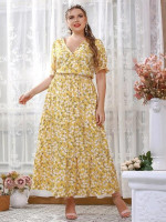 Women Plus Size Surplice Neck Floral Print Shirred Waist Flounce Sleeve Dress