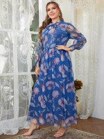 Women Plus Size Floral Print Shirred Cuff Mesh Dress
