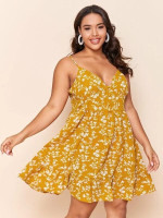 Women Plus Size Ruched Bust Buttoned Front Ditsy Floral Slip Sundress