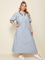 Women Plus Size Floral Embroidered Button Front Striped Dress