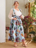 Women Plus Size Striped & Floral Print Belted Overall Dress
