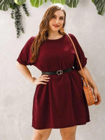 Women Plus Size Belted Rolled Dolman Sleeve Mini Dress
