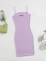 Women Plus Size Letter Embroidered Lettuce Trim Bodycon Dress