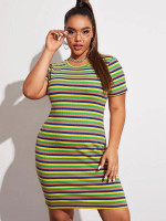 Women Plus Size Rainbow Striped Rib-knit Dress