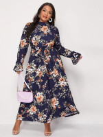 Women Plus Size Floral Print Frill Trim Flounce Sleeve Belted Dress