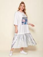 Women Plus Size Graphic Print Contrast Metallic Pleated Hem Dress