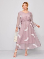 Women Plus Size V-neck Feather Embroidery A-line Dress