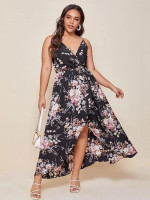 Women Plus Size Floral Print Wrap Cami Dress