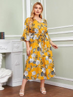 Women Plus Size Bell Sleeve Surplice Wrap Belted Floral Print Dress