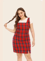 Women Plus Size Tartan Print Split Hem Dress