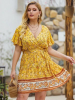 Women Plus Size Surplice Front Belted Ditsy Floral Print Dress
