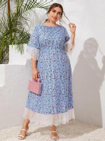 Women Plus Size Lace Trim Ditsy Floral and Striped Dress
