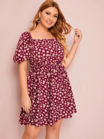 Women Plus Size Puff Sleeve Shirred Back Floral Print Dress
