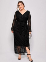 Women Plus Size Lace Overlay Belted Fitted Dress
