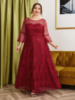 Women Plus Size Pearls Embroidered Mesh Dress