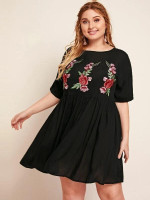 Women Plus Size Floral Embroidery Babydoll Dress