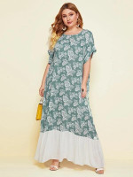 Women Plus Size Dolman Sleeve Contrast Hem Tropical Print Dress