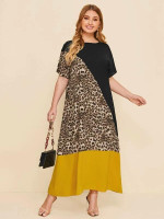 Women Plus Size Drop Shoulder Leopard Panel Colorblock Dress