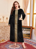 Women Plus Size Floral Embroidery Fitted Velvet Dress