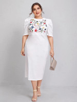 Women Plus Size Puff Sleeve Floral Embroidery Front Split Hem Dress