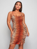 Women Plus Size Split Hem Tiger Striped Cami Dress