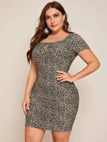 Women Plus Size Tie Neck Leopard Dress