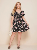 Women Plus Size Surplice Neck Allover Floral A-line Dress