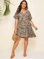 Women Plus Size V-neck Cuffed Sleeve Floral Smock Dress