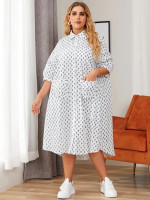 Women Plus Size Allover Leaf Print Pocket Front Drop Shoulder Shirt Dress