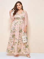 Women Plus Size Floral Print Surplice Neck Lace Sleeve Maxi Dress