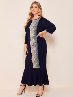 Women Plus Size Contrast Lace Colorblock Ruffle Hem Dress