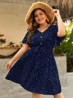 Women Plus Size All Over Print Self Tie A-line Dress