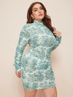 Women Plus Size High Neck Ruched Detail Landscape Mesh Dress Without Panty