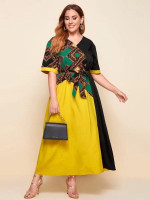 Women Plus Size Chain Print Colorblock Belted Dress