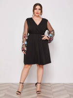 Women Plus Size Floral Embroidery Mesh Sleeve Dress