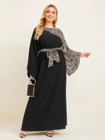 Women Plus Size Leopard Print Colorblock Belted Maxi Dress