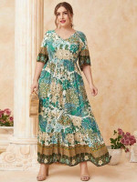 Women Plus Size Flounce Sleeve Floral Print Maxi Dress