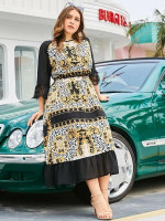 Women Plus Size Random Baroque And Leopard Print Ruffle Hem Dress