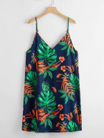 Women Plus Size Double V-Neck Tropical Print Slip Dress