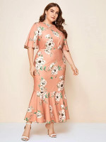 Women Plus Size Floral Print Flutter Sleeve Fishtail Hem Dress